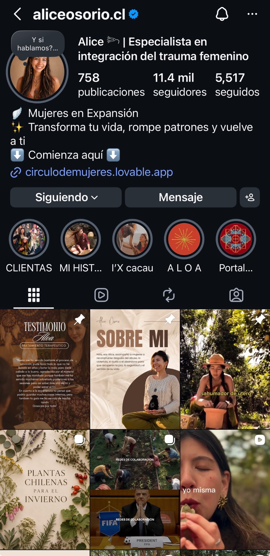 Perfil de Instagram de Alice Osorio, especialista en integración del trauma femenino